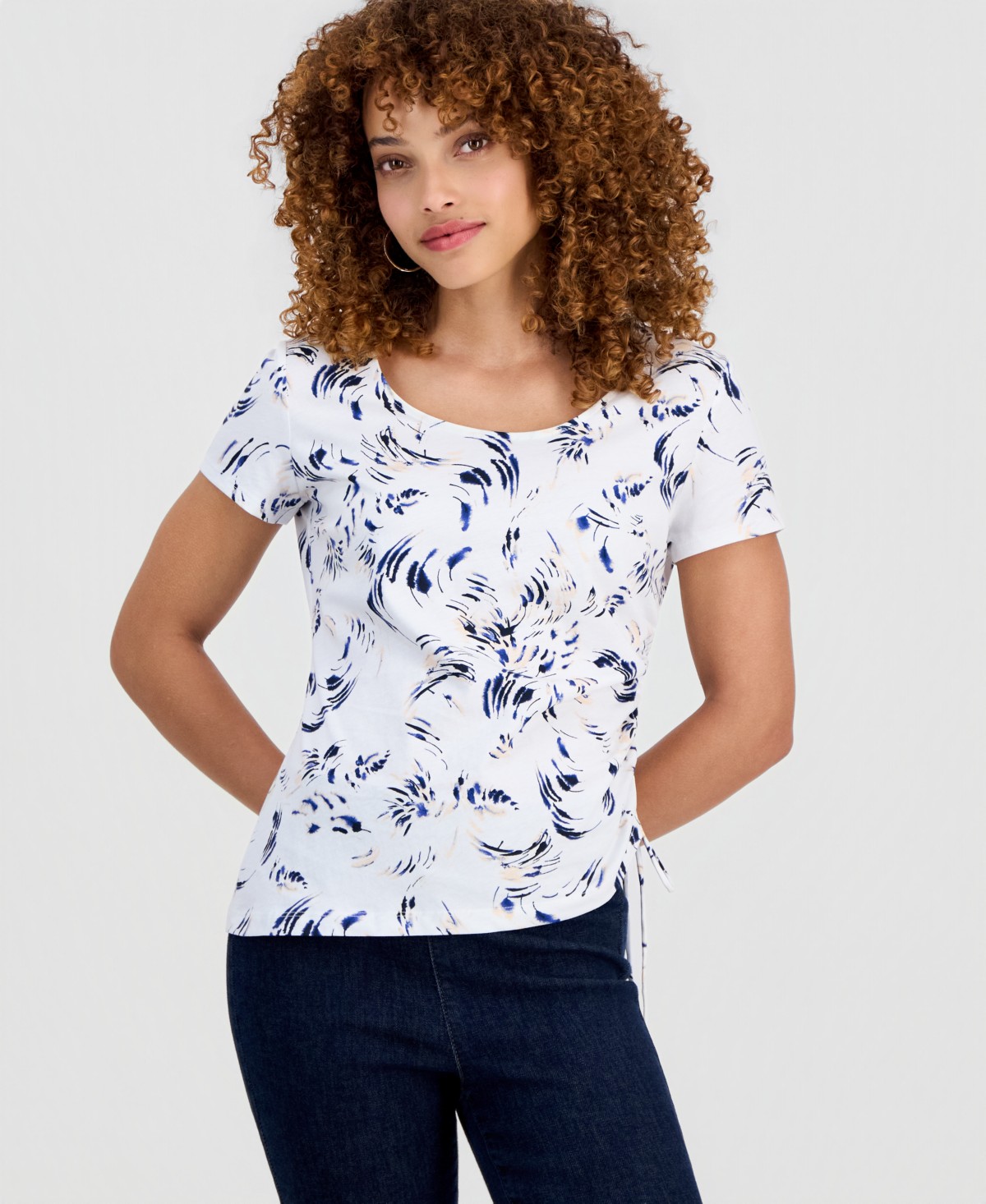 Женские I.N.C. International Concepts Petite Cotton Floral-Print Asymmetric Side-Tie Top — фото 1