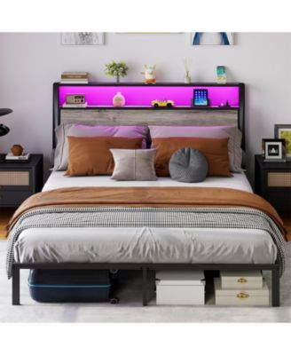 Full Size Bed Frame with Headboard, RGB LED Light and Charging Station