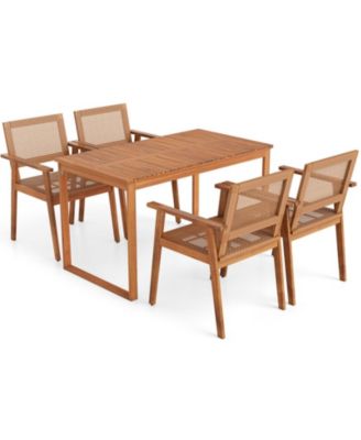 5-Piece Boho Patio Dining Set with Acacia Wood Table and 4 PE Rattan Stackable Chairs