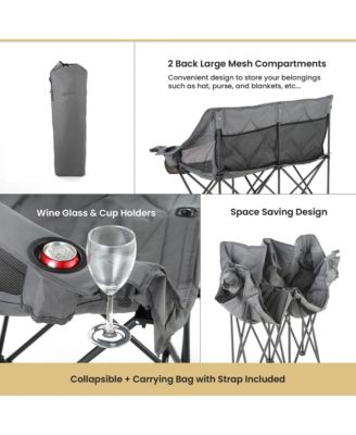  Portable Folding Double Duo Camping Chair Loveseat Couch w/ 2 Cup and Wine Glass Holders, Supports 650 lbs