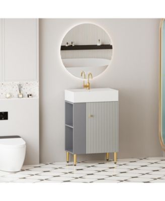 21.6 Inch Open Shelving Bathroom Vanity with Ceramic Sink Soft Close Door Cloakroom Storage Cabinet Left Side Grey Finish Assembly Required