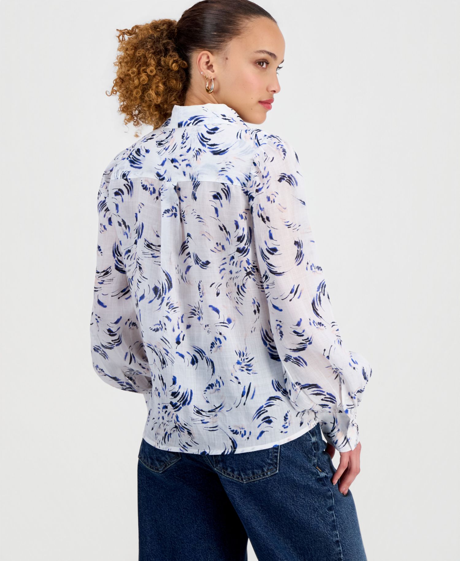 Petite Long Sleeve Printed Ramie Button Down Shirt