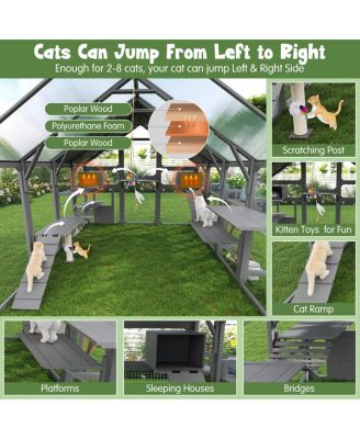 Multi-Level Cat House with Planter Stand, Bridge, Waterproof Roof for Outdoor Use
