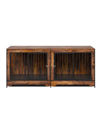 74" Dog House Kennel Table, Double Door Indoor Crate with Divider and Removable Trays