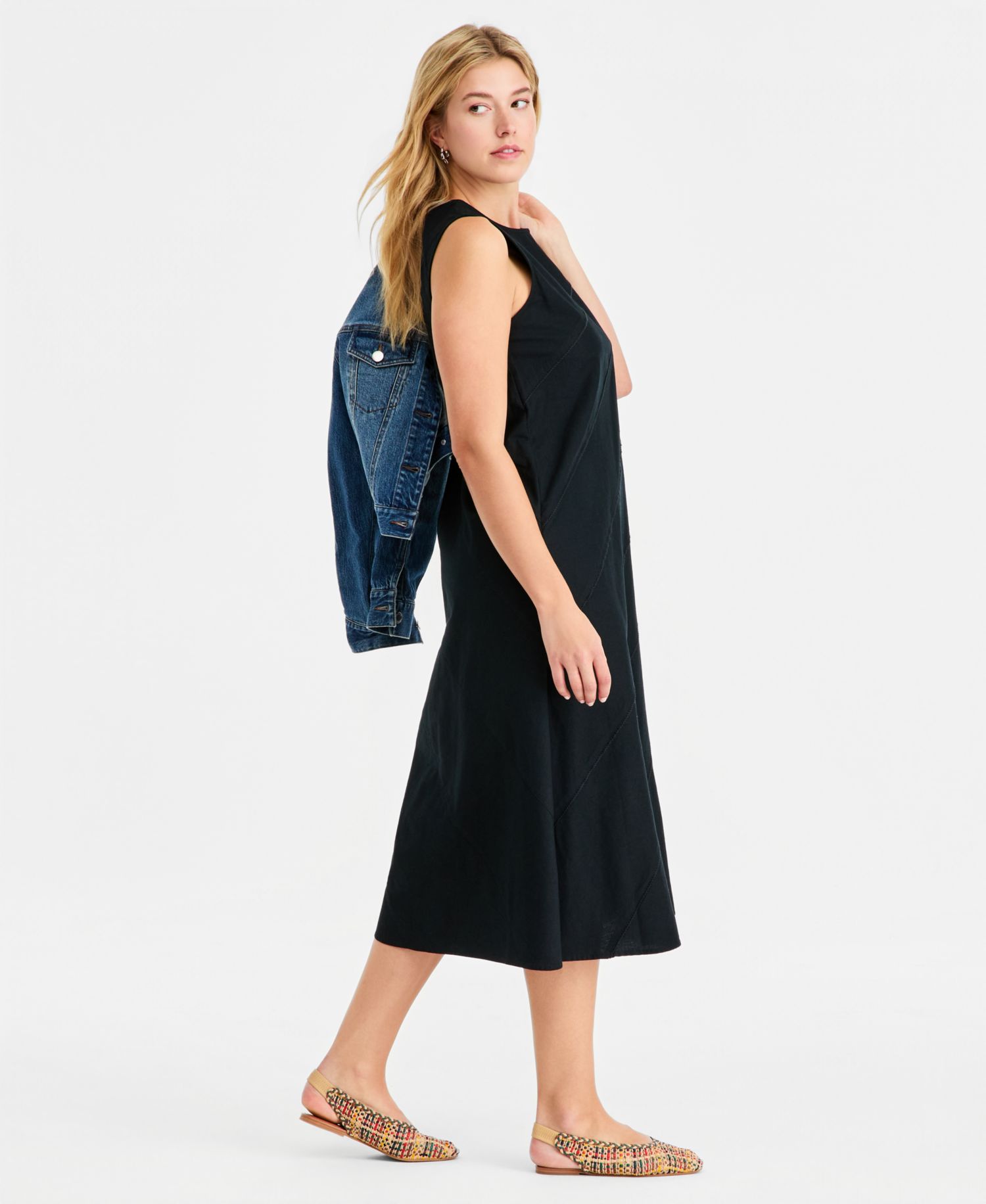 Women's Linen-Blend Diagonal Seam Midi Dress