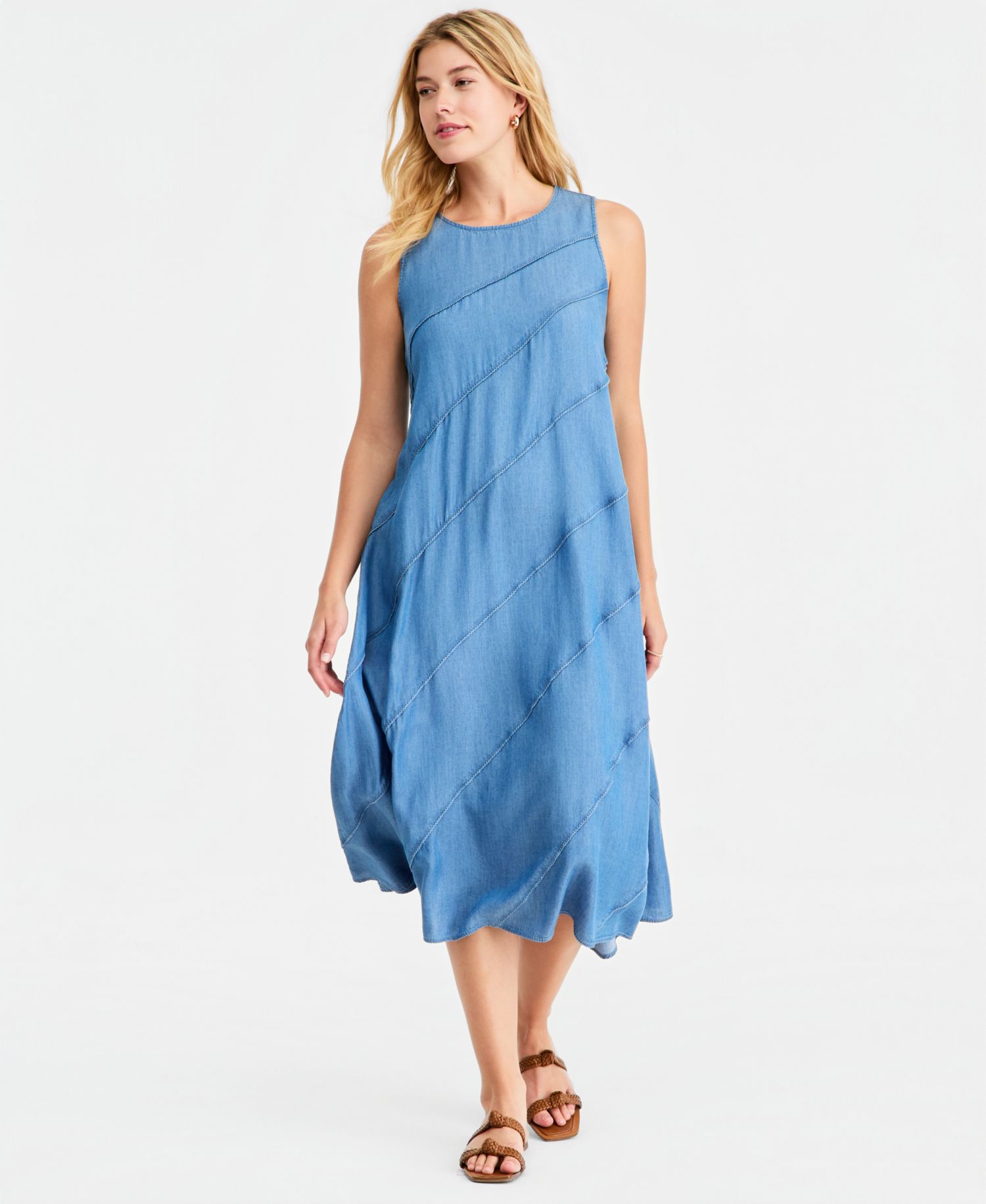 Women's Chambray Diagonal Seam Midi Dress