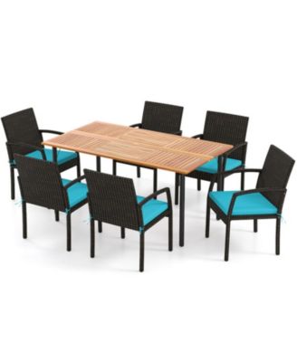 7-Piece Outdoor Dining Set with Acacia Wood Table, PE Rattan Chairs and Cushions