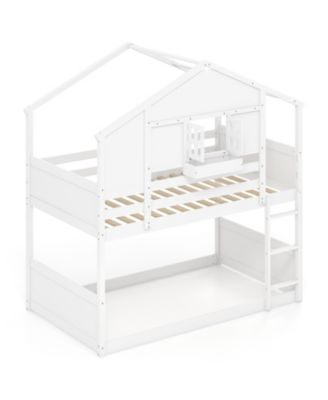 Twin Over Twin House-Shaped Bunk Bed with Roof, Lockable Window and Storage