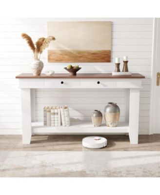 54-Inch Farmhouse Console Table with Drawers and Open Shelf, Wooden Entryway/Sofa Table for Hallway or Living Room