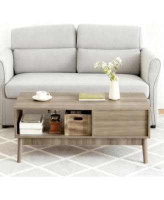 39.4" Mid Century Modern Coffee Table with Storage, 2-Tier Fluted Rectangle Center Table with Drawer, Open Shelf and Wood Legs for Living Room