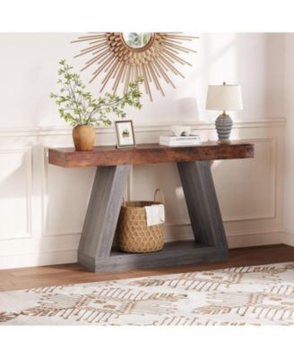 Farmhouse Console Table with Trapezium Design - 55" Wooden Sofa Table with Open Storage Shelf, Industrial Entryway Table
