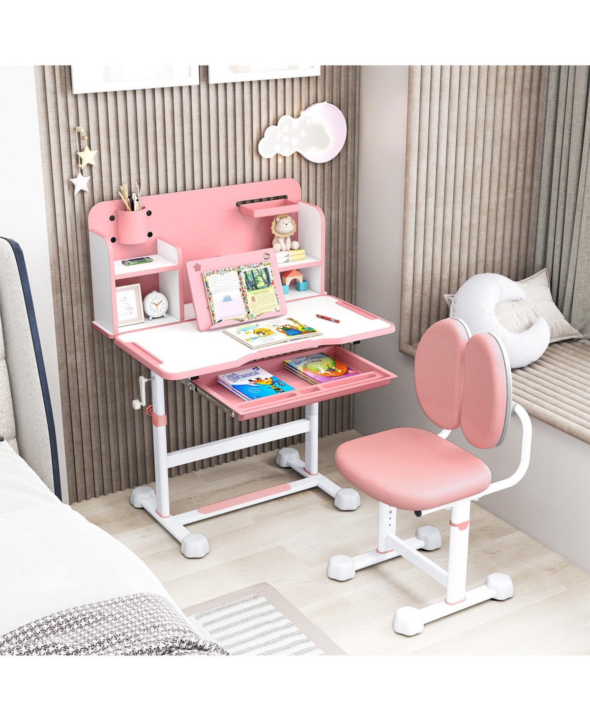 Gouun Kids Height-Adjustable Study Desk and Chair with Tilt Desktop and Pen Holder
