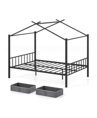 Full Size Metal House Bed Frame with 2 Fabric Storage Drawers for Kids