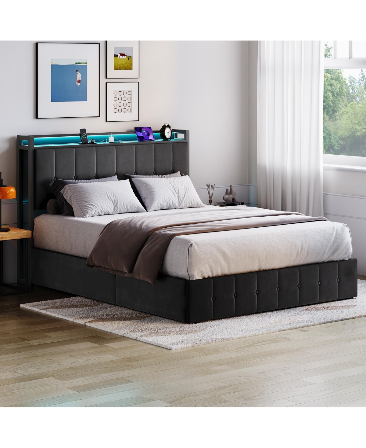 Homfan Full Size Lift-Up Hydraulic Storage Upholstered Soft Bed Frame with Led Lights, Power Outlets, Sturdy Metal Slats