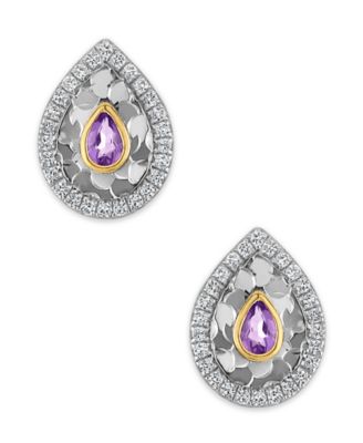 Swiss Blue Topaz (1/10 ct. t.w.) & White Topaz (1/8 ct. t.w.) Glitter Texture Earrings in 14k Two-Tone Gold (Also Available in Amethyst)