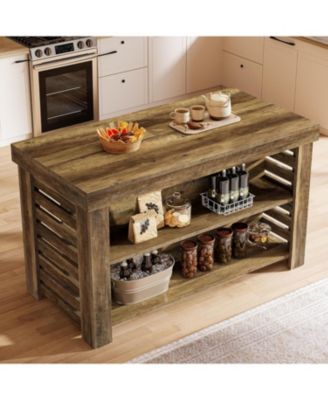 55" Kitchen Island with Seating and Storage, 3-Tier Farmhouse Wood Stationary Island Table with Large Work Surface, Coffee Bar Table