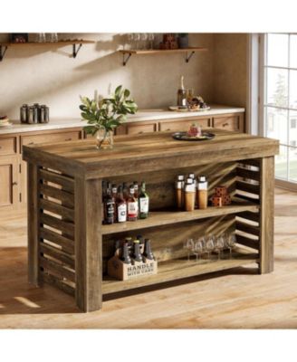 55" Kitchen Island with Seating and Storage, 3-Tier Farmhouse Wood Stationary Island Table with Large Work Surface, Coffee Bar Table