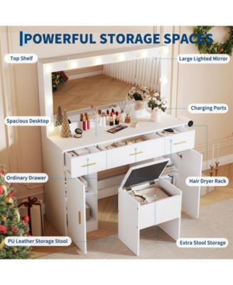 Vanity Desk with Mirror and Lights, Large Makeup Vanity Table with Power Outlet and Stool, Vanity Dressing Table for Bedroom Dressing Room