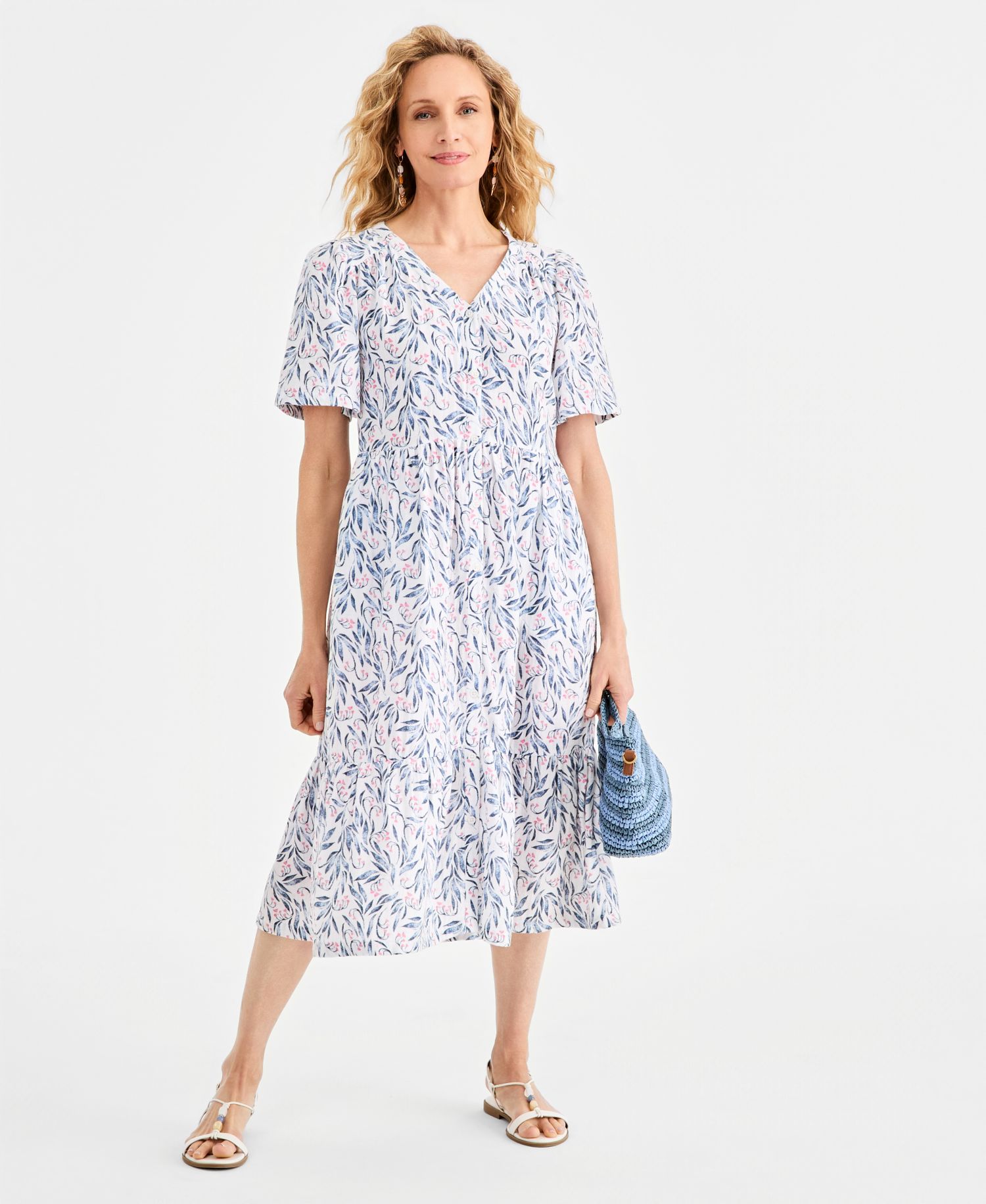 Women's Cotton Gauze Tiered Button-Front Midi Dress