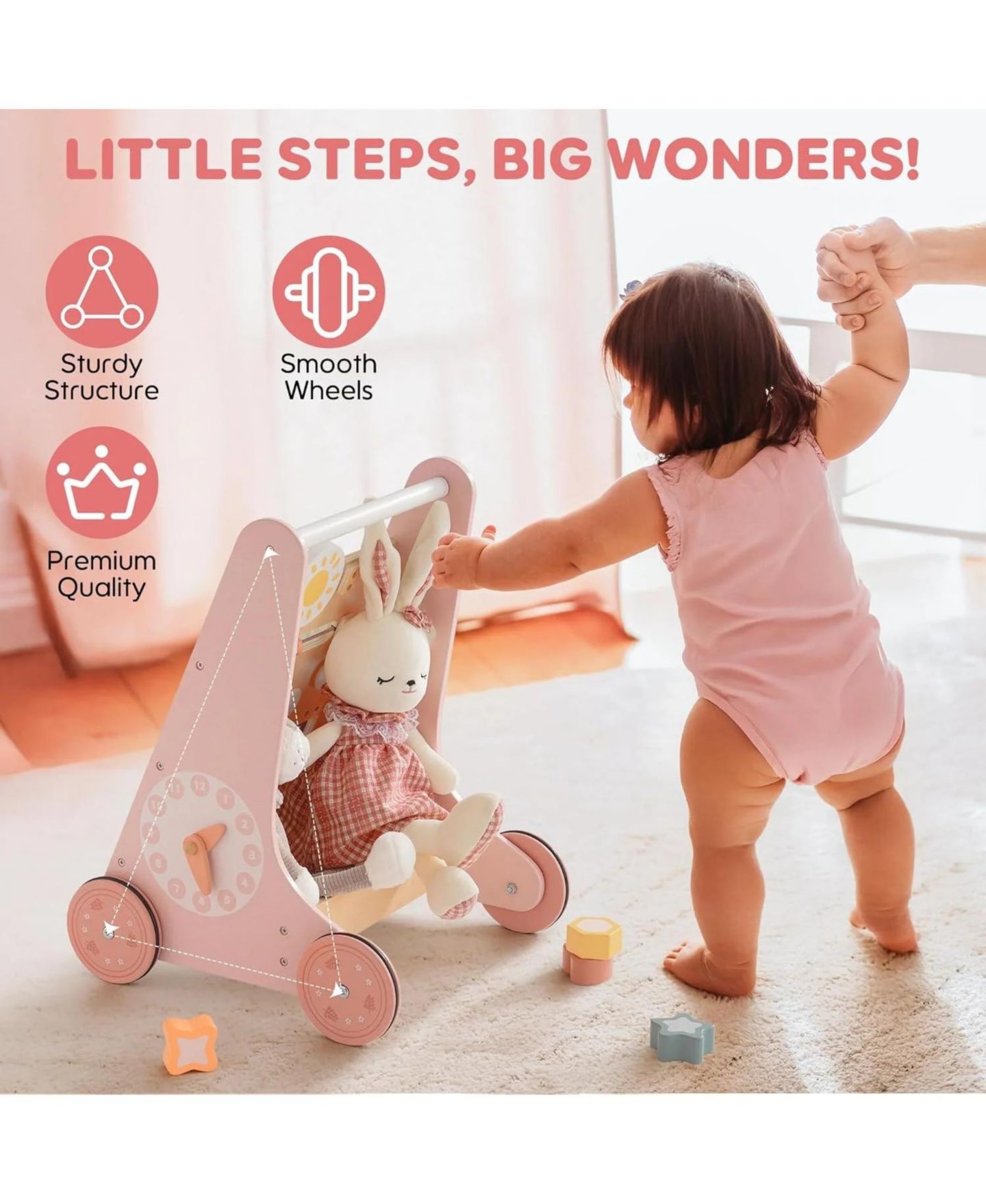 Детская игрушка Robotime Wooden Baby Walker, with Wheels, Montessori Push Toys for Babies Learning to Walk, Baby Walkers Activity Center for Boys and Girls — фото 3