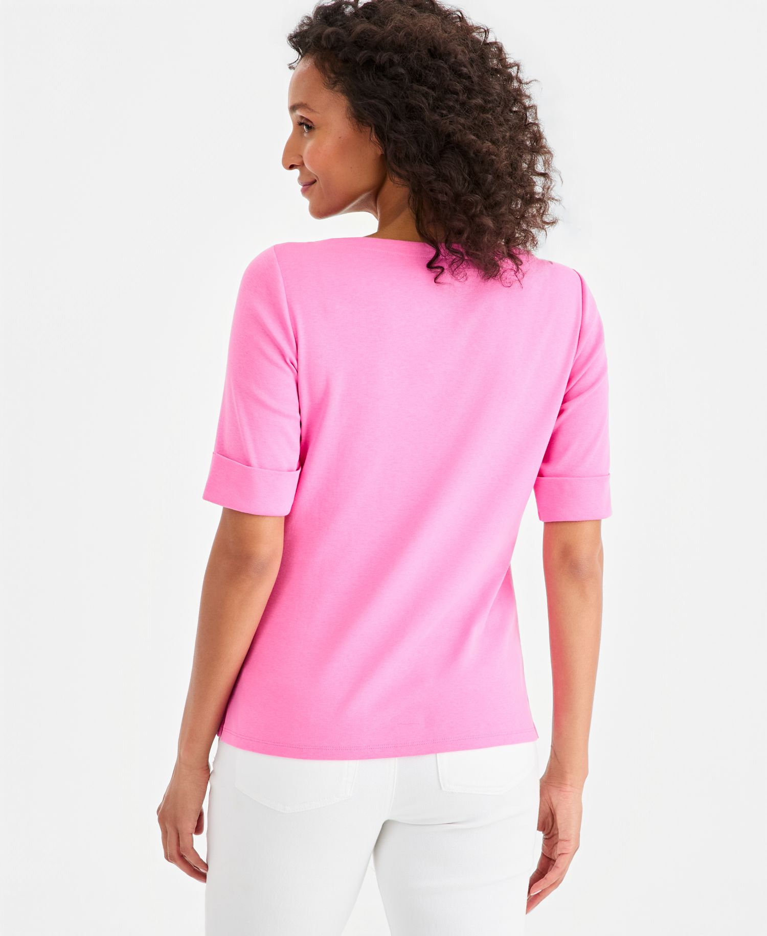 Petite Cotton Elbow-Sleeve Boat-Neck Top