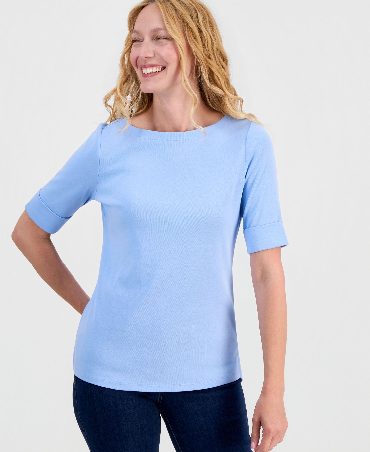 Petite Cotton Elbow-Sleeve Boat-Neck Top