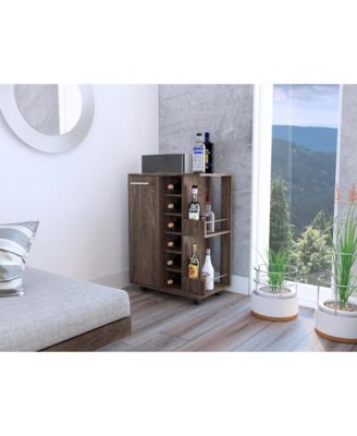 Dark Walnut 2-Shelf 6-Bottle Bar Cart with Division