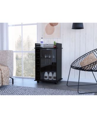 Glass Door Bar Cart with 2 Shelves, 6 Cubbies and Locking Casters