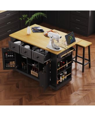 53" Kitchen Island with Drop Leaf and Power Outlet, Rolling Storage Cart on 5 Wheels