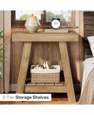 2-Tier Wooden End Table, Farmhouse Style, Rustic Grey, Small Sofa Side Table with Storage, Slim Nightstand
