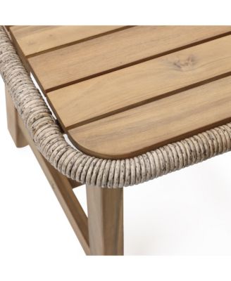  Outdoor Side Table, Acacia Wood Patio End Table with Woven Wicker Trim, Small Outdoor Accent Tables for Patio, Balcony, Garden
