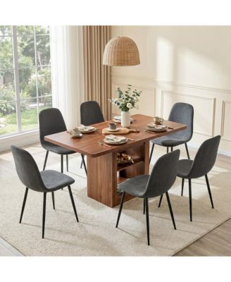 Expandable Dining Table Chair Set, 59-71 Inch Pull-Out MDF Table with Linen-Cotton Chairs