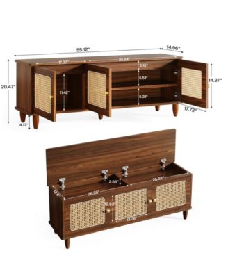 Shoe Bench Lift Top Storage 2-Tier Rattan Doors 55" Large Cabinet Seat Hallway Living Room