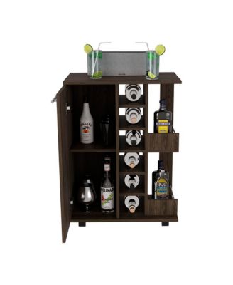 Dark Bar Cart with 4 Casters, Cabinet and 6 Bottle Cubbies