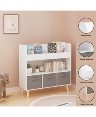 Kids Bookshelf with 3 Fabric Storage Bins, Modern Children's Bookcase with Storage for Toys and Books, for Playroom and Bedroom