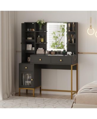  Modern Vanity Desk with LED Lighted Mirror - 3-Color Dimmable Lighting, USB Charging Station, Hidden Jewelry Cabinet, Drawers and Shelves