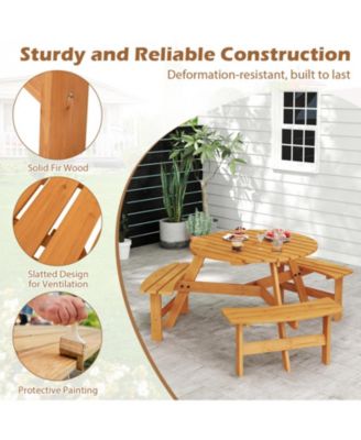 6-Person Round Picnic Table Set with 3 Built-in Benches and Umbrella Hole