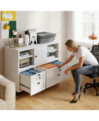 Metal Filing Cabinet with Lock, 2-Drawer File Cabinet with Open Storage Shelves and Full-Extension Slides, Holds A4/Legal/Letter Files