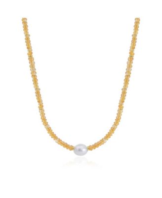 Citrine Bead Pearl Necklace 14K Gold