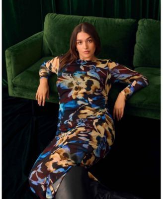 Plus Size Cleo Floral Mesh Ruched Bodycon Midi Dress