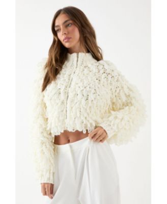 Women's Zip Up Cream Fringe Loop Cardigan