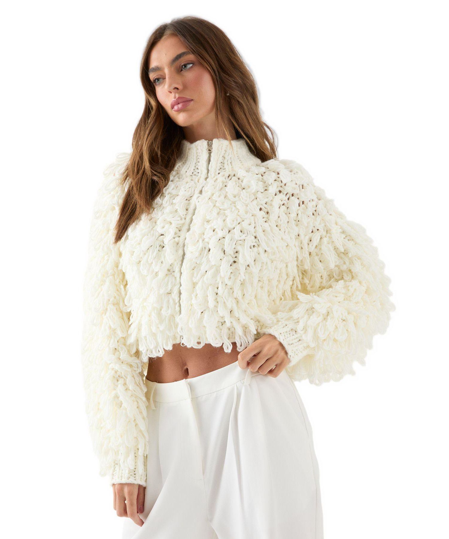 Women's Zip Up Cream Fringe Loop Cardigan