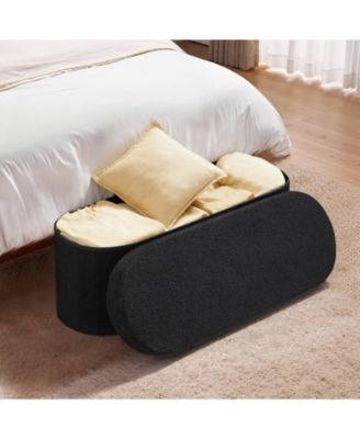 Oval Storage Ottoman Bench, Foldable Teddy Fleece End of Bed Bench, 660 lbs Capacity