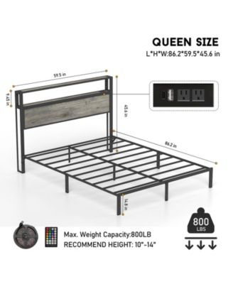 Queen Size Bed Frame with Headboard, RGB LED Light and Charging Station