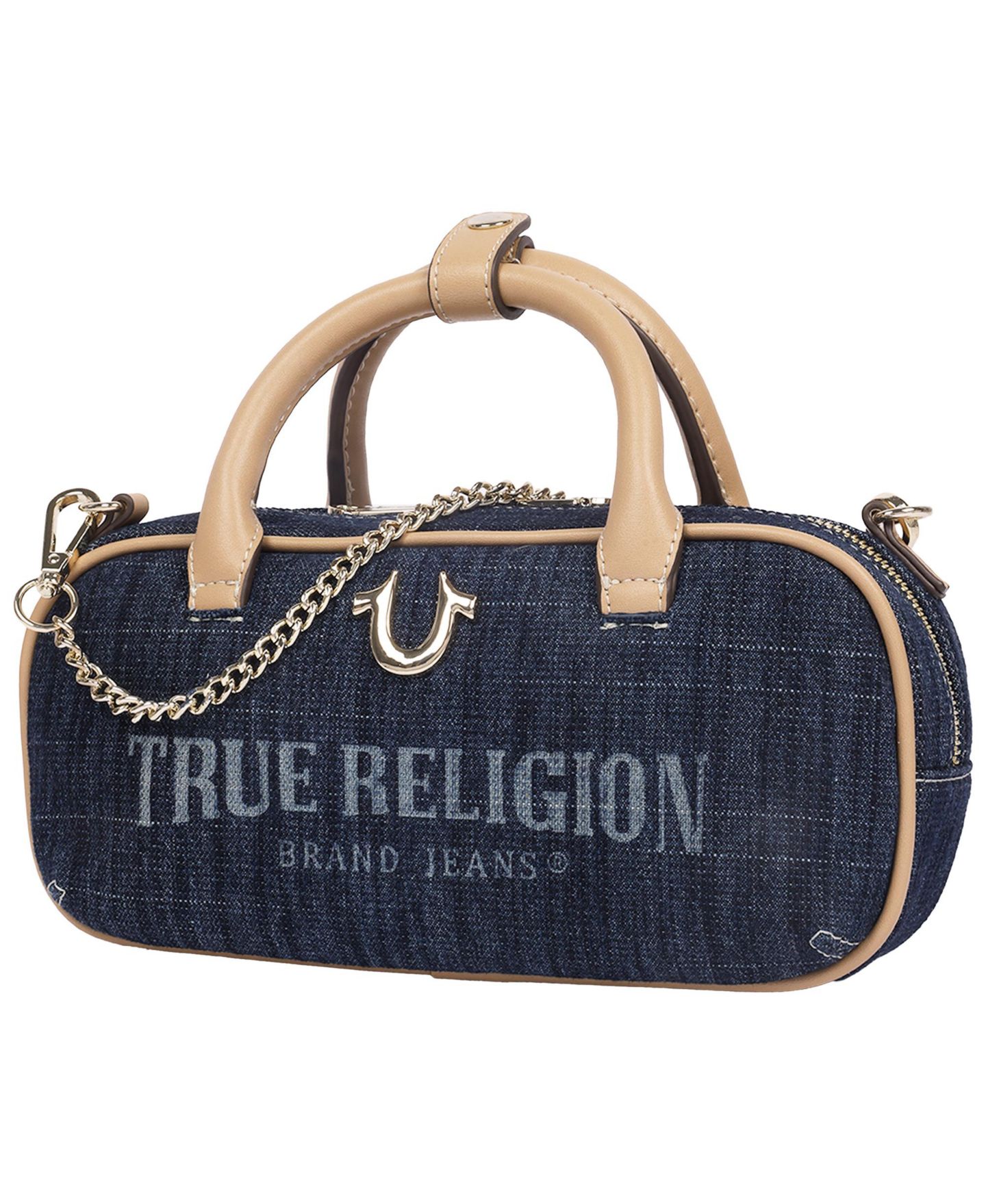 Женская сумка True Religion Bentley Denim and PU Mini Satchel - Top Handle Crossbody Handbag with Chain Detail, цвет: Рыжевато-коричневый — фото 3