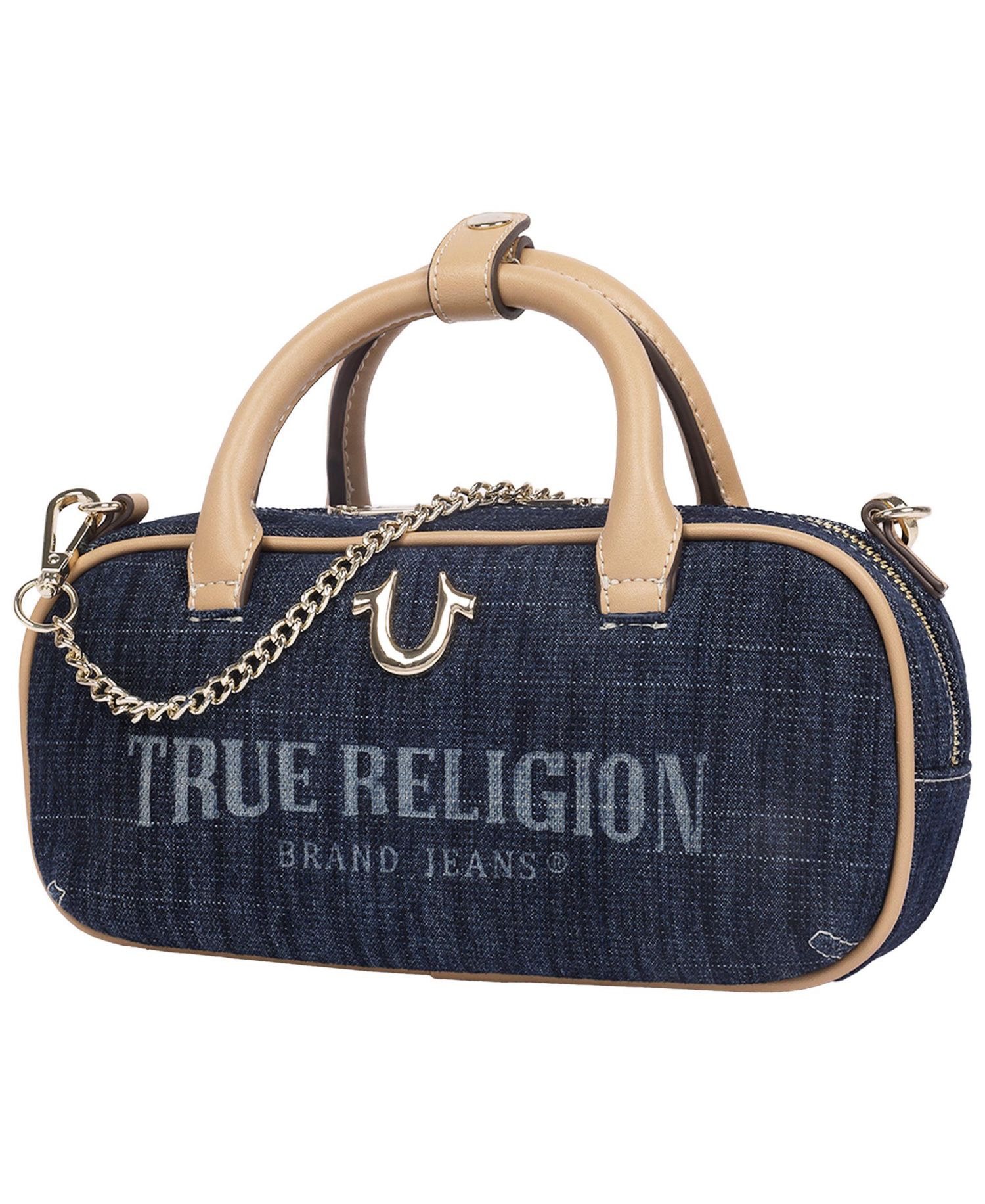 Bentley Denim and PU Mini Satchel - Women s Top Handle Crossbody Handbag with Chain Detail