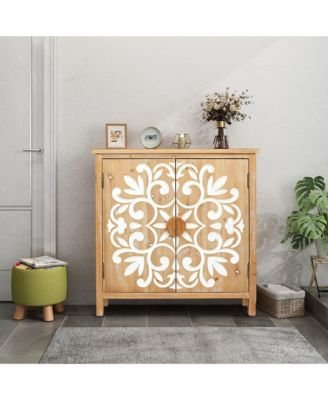 Rustic Wooden Accent Cabinet Floral Carved 2 Door Storage For Living Room Entryway