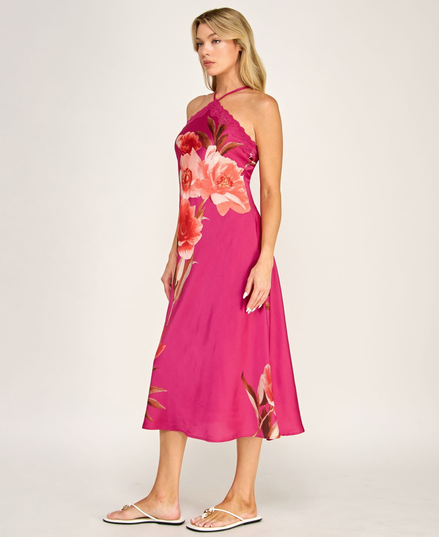Women's Printed Halter Neck Scallop Trim Midi Dress