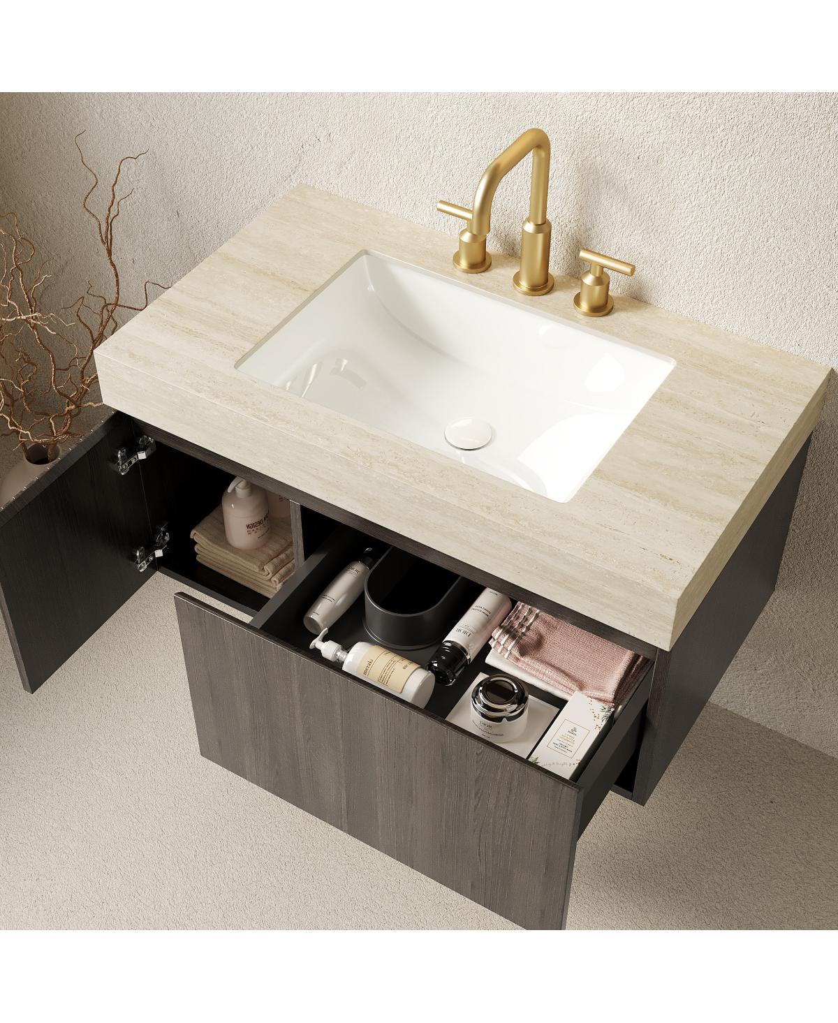 Sillysis 30 Inch Bathroom Vanity with Travertine Pattern Sintered Stone Top, Ceramic Undermount Sink, Soft Close Cabinet