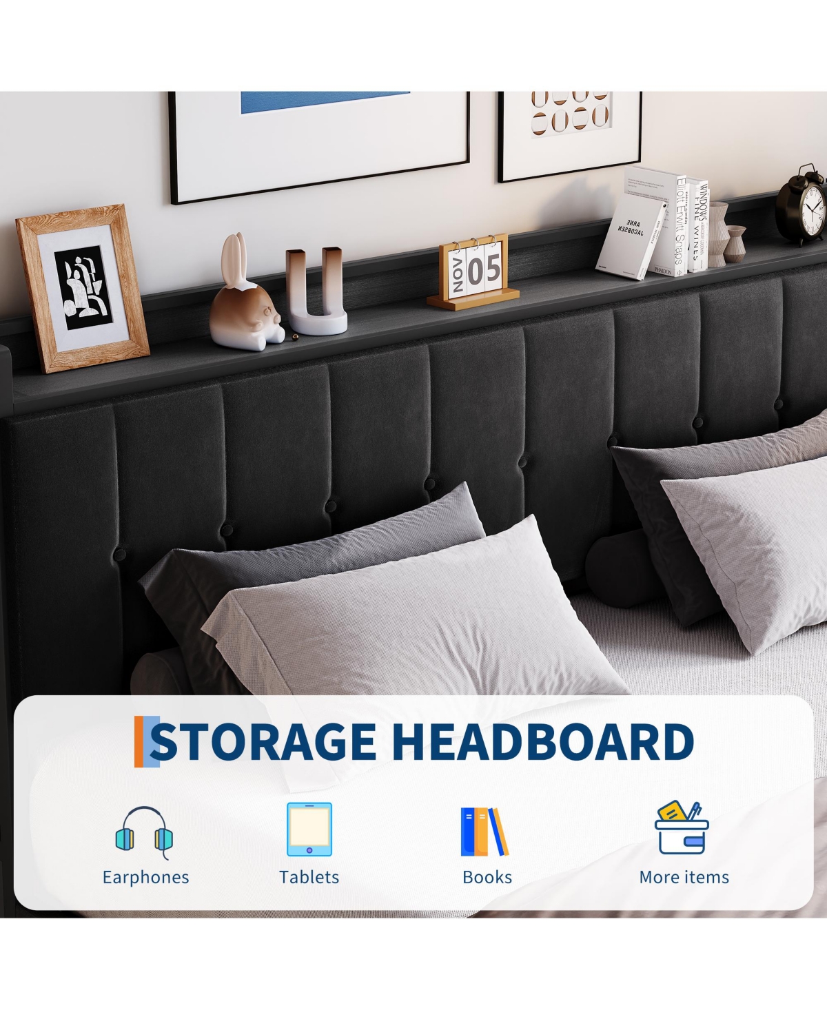 Homfan King Lift-Up Storage Bed Frame, Upholstered Metal Platform Bed with Storage Headboard, Button Tufted, No Box Spring